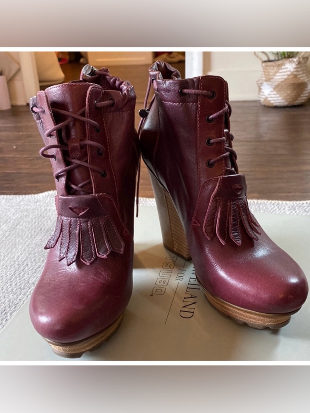 Tsubo Burgundy Leather Fringe Lace-Up Heeled Bootie
